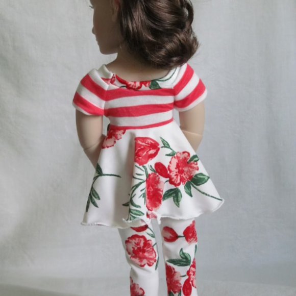 Coral pink floral and stripes play set for 16" BJD - Picture 3 of 5